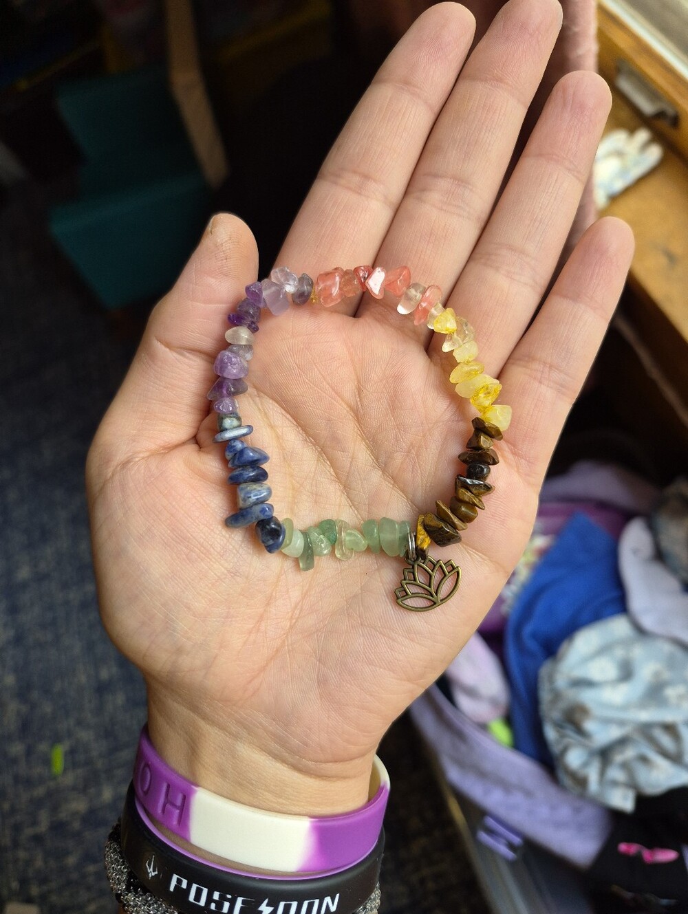 Rainbow Chakra Beaded Bracelet with Lotus Charm